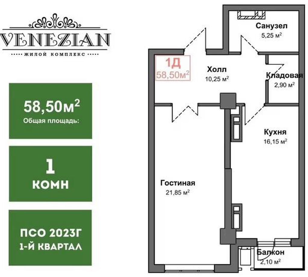 1 комната, 58 м², Элитка, 15 этаж, ПСО (под самоотделку): фото 2