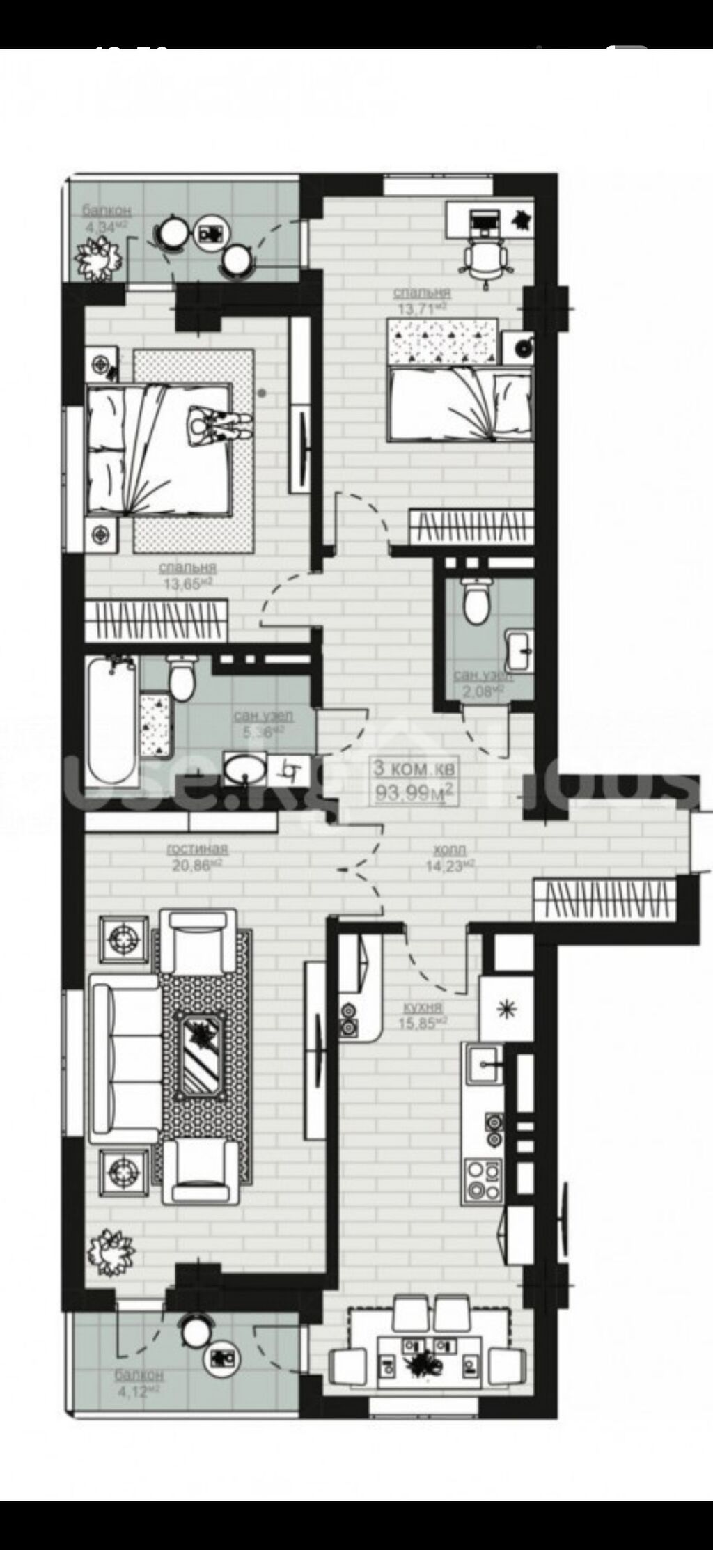 3 комнаты, 95 м², Асанбай мкр Элитка, 2 этаж, ПСО (под самоотделку): фото 7