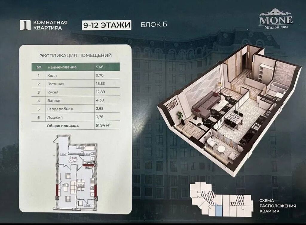 1 комната, 52 м², Джал мкр (в т.ч. Верхний, Нижний, Средний) Элитка, 10 этаж, ПСО (под самоотделку): фото 4