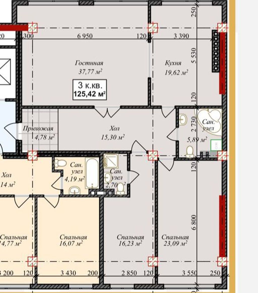 3 комнаты, 125 м², АУЦА Элитка, 2 этаж, ПСО (под самоотделку): фото 2