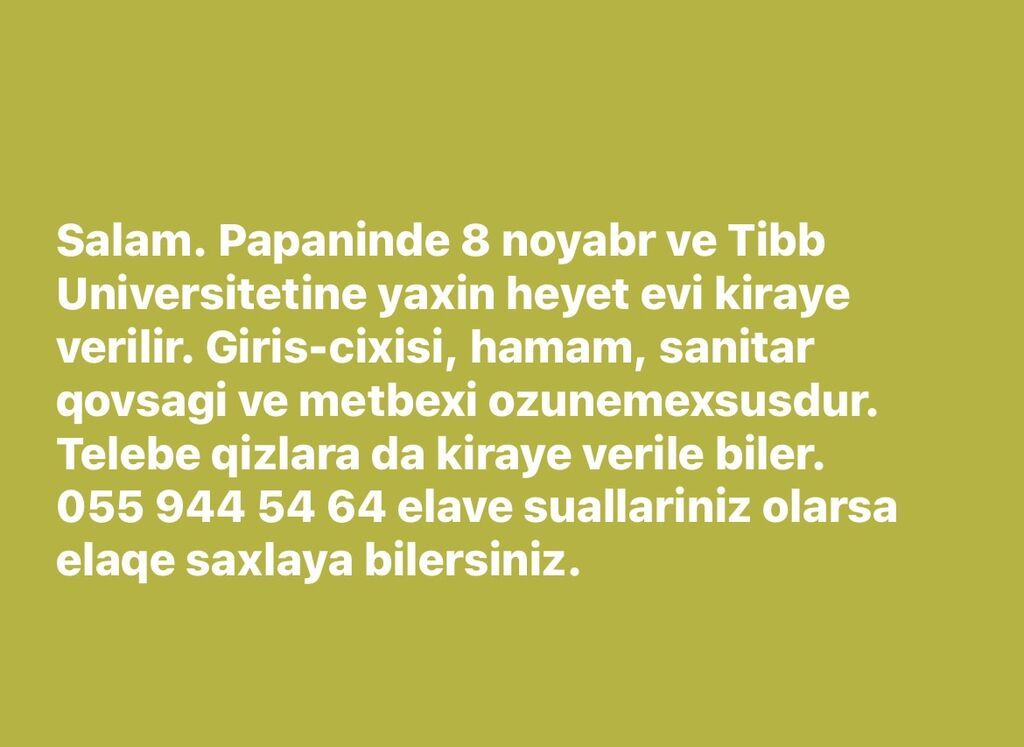 8 Noyabr metrosuna və Tibb Universitetinə yaxın həyət evi kirayə