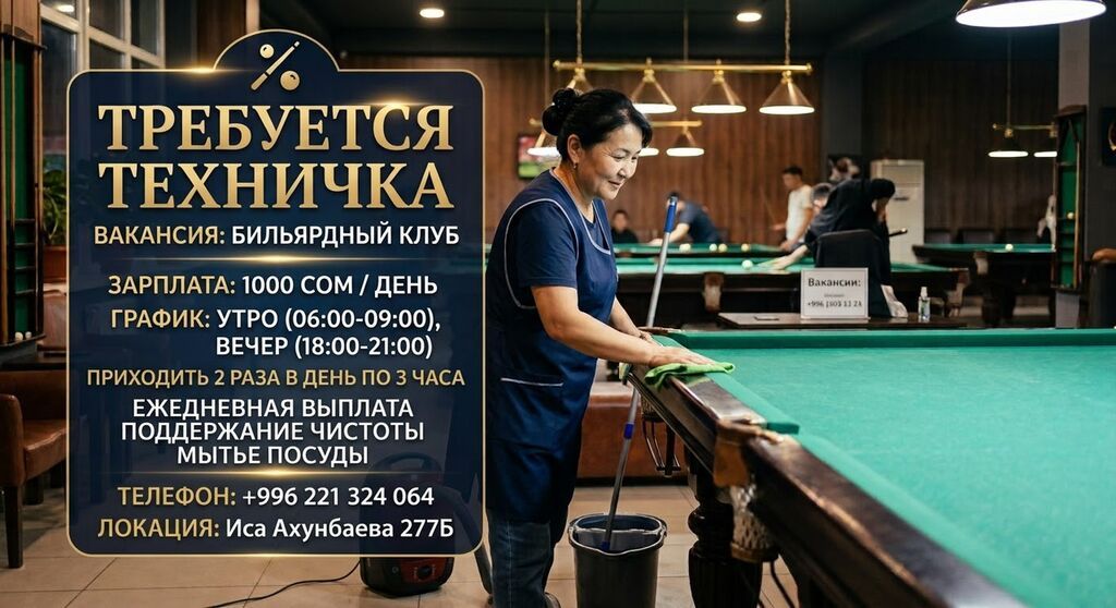 Требуется уборщица в бильярдный клуб