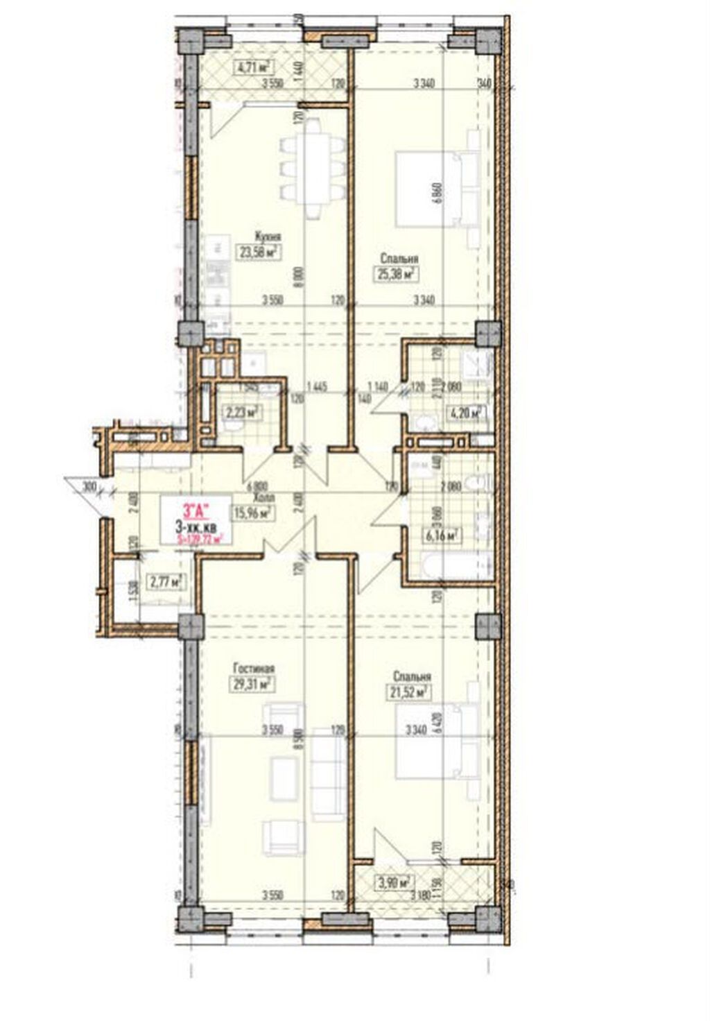 3 комнаты, 140 м², Асанбай мкр Элитка, 8 этаж, ПСО (под самоотделку)