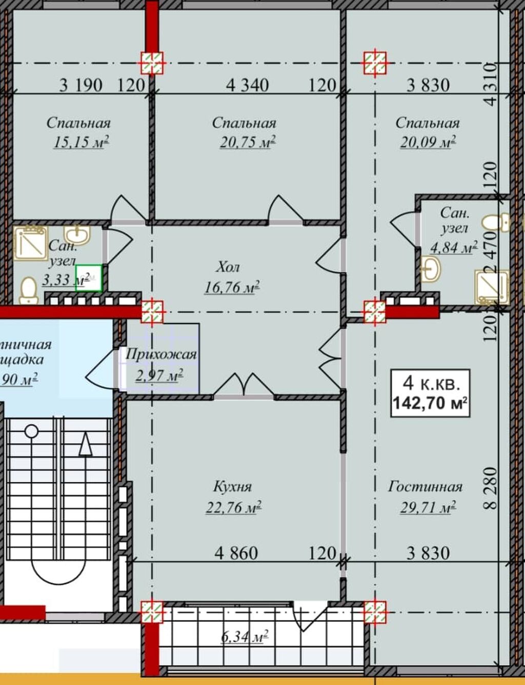4 комнаты, 143 м², Асанбай мкр Элитка, 5 этаж, ПСО (под самоотделку): фото 3