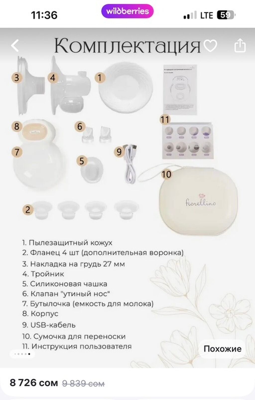 Портативный электрический молокоотсос Fioralina с сумкой (новый): фото 7