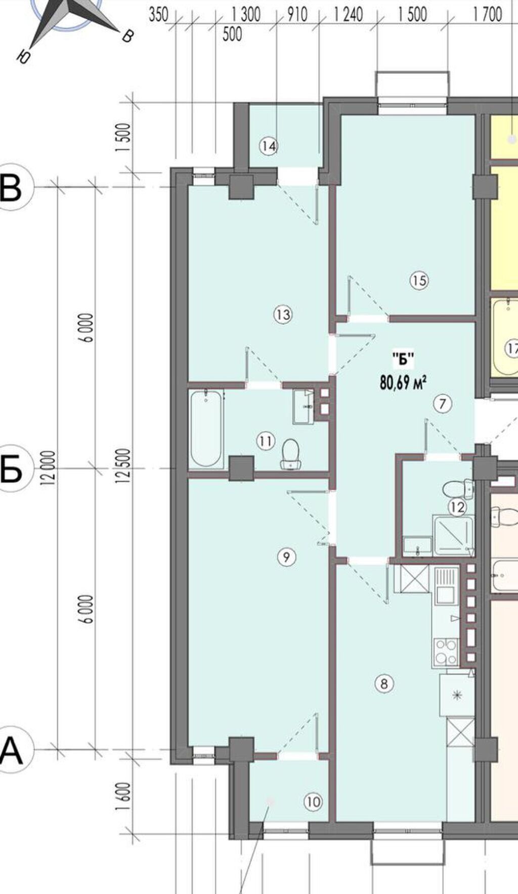 3 комнаты, 80 м², Джал-15 Элитка, 6 этаж, ПСО (под самоотделку): фото 2