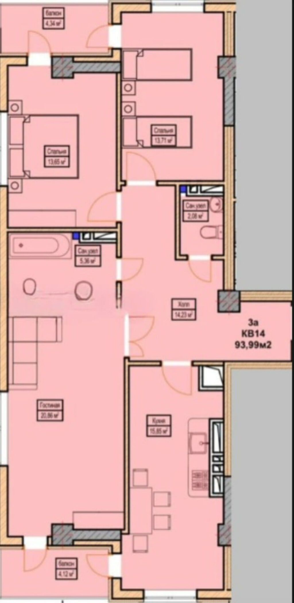 3 комнаты, 94 м², Асанбай мкр Элитка, 2 этаж, Евроремонт: фото 2
