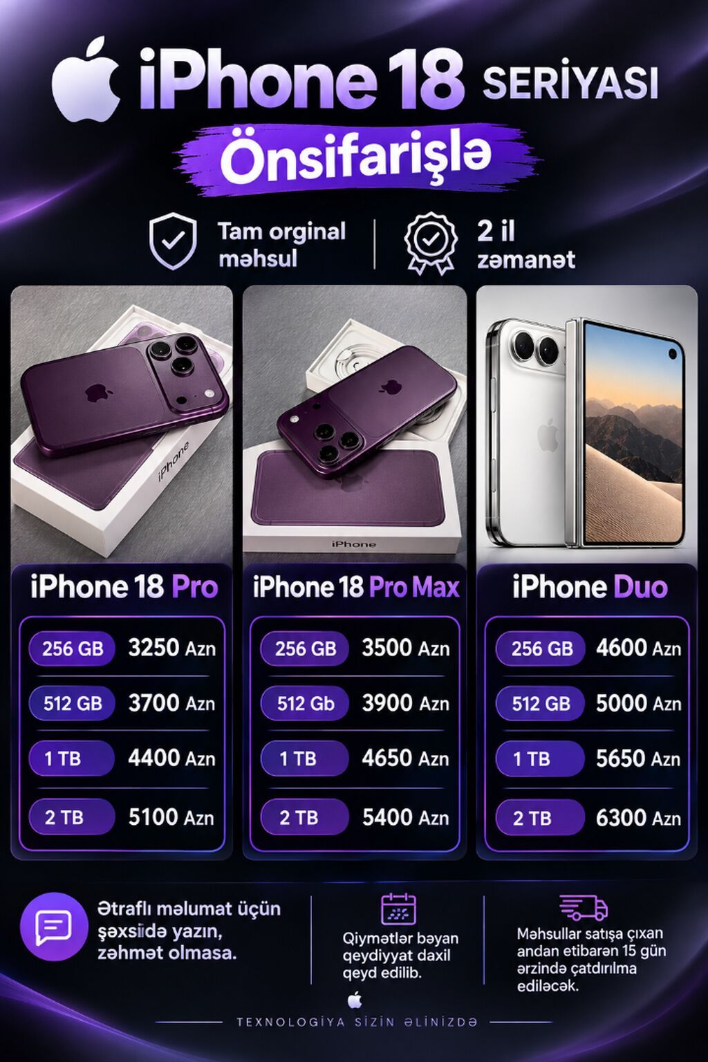 İPhone 18 seriyası Önsifarişlə Tam orginal və 2 il zəmanətli. İPhone