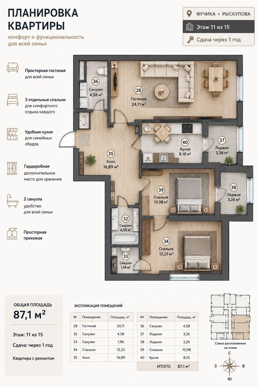 3 комнаты, 87 м², Ипподром Элитка, 12 этаж, ПСО (под самоотделку): фото 5