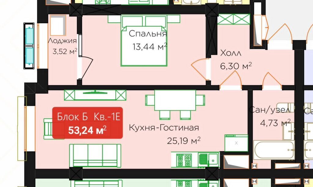 2 комнаты, 53 м², Кок-Жар ж/м Элитка, 7 этаж, ПСО (под самоотделку): фото 3